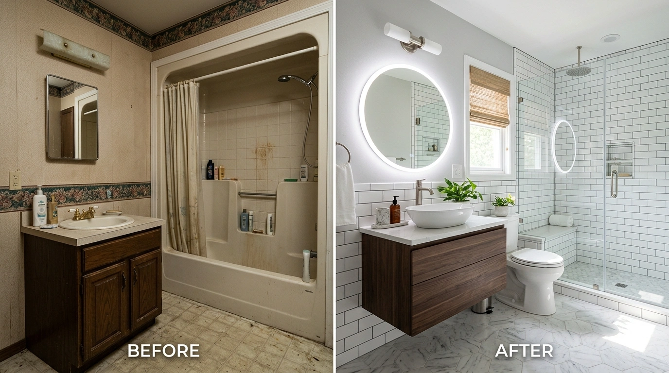 Before and After Bathroom Remodeling by Larimer Denver Plumbers in Denver, CO — Complete transformation showing updated fixtures, walk-in shower, and modern vanity