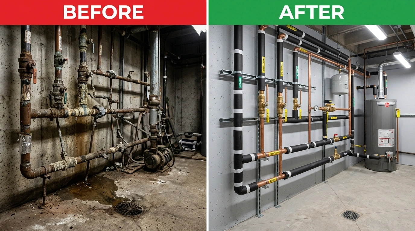 Commercial Pipe Repiping Before and After - Larimer Denver Plumbers Denver CO
