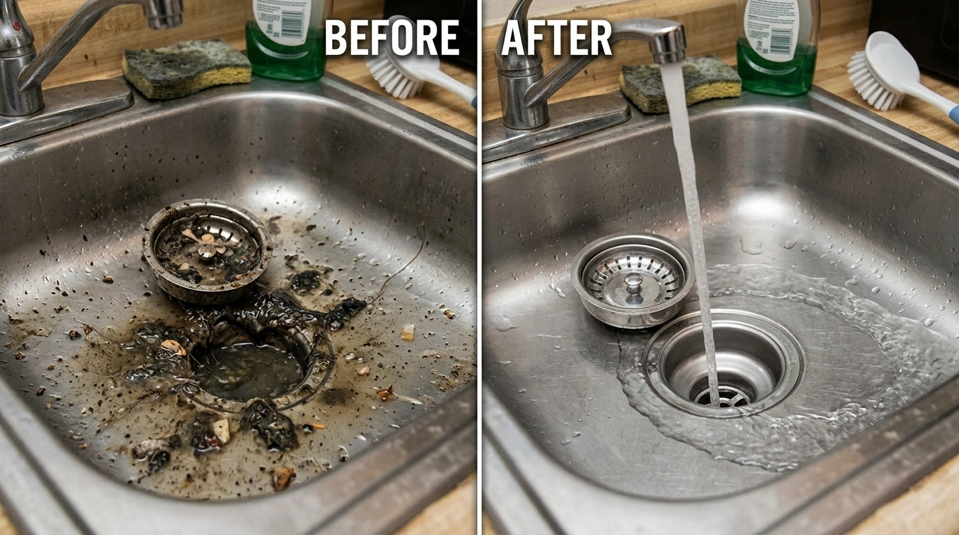 Before and After Drain Cleaning Service by Larimer Denver Plumbers in Denver CO - showing pipe interior cleared of grease, roots, and sediment buildup