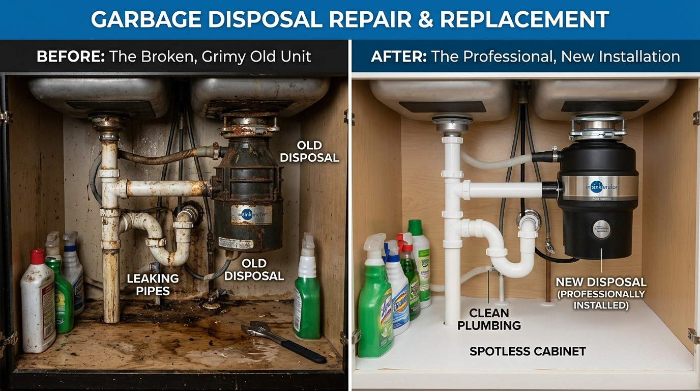 Before and After Garbage Disposal Repair and Replacement by Larimer Denver Plumbers in Denver CO — corroded disposal replaced with new unit and drain components