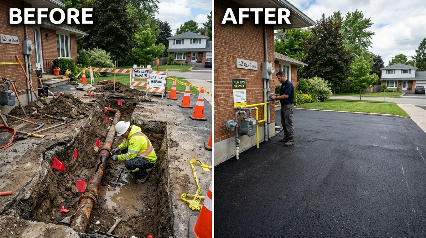 Before and After Gas Line Repair and Replacement by Larimer Denver Plumbers in Denver CO — Corroded galvanized steel pipe replaced with modern code-compliant black iron and CSST gas line installation
