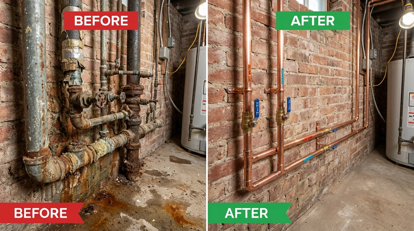 Before and After Pipe Repiping by Larimer Denver Plumbers in Denver, CO — Corroded galvanized pipes replaced with new PEX-A piping system