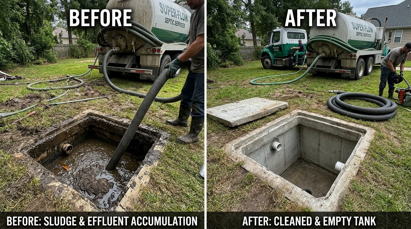 Before and After Septic Tank Cleaning and Pumping Service by Larimer Denver Plumbers in Denver CO - showing tank interior cleared of accumulated sludge with verified baffle integrity