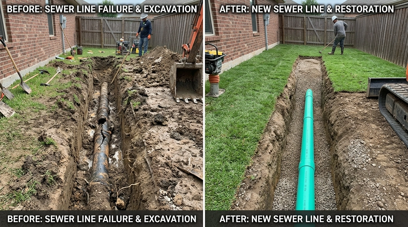 Before and After Sewer Line Repair and Replacement by Larimer Denver Plumbers in Denver CO — root-choked clay pipe replaced with CIPP trenchless lining and new SDR-35 PVC