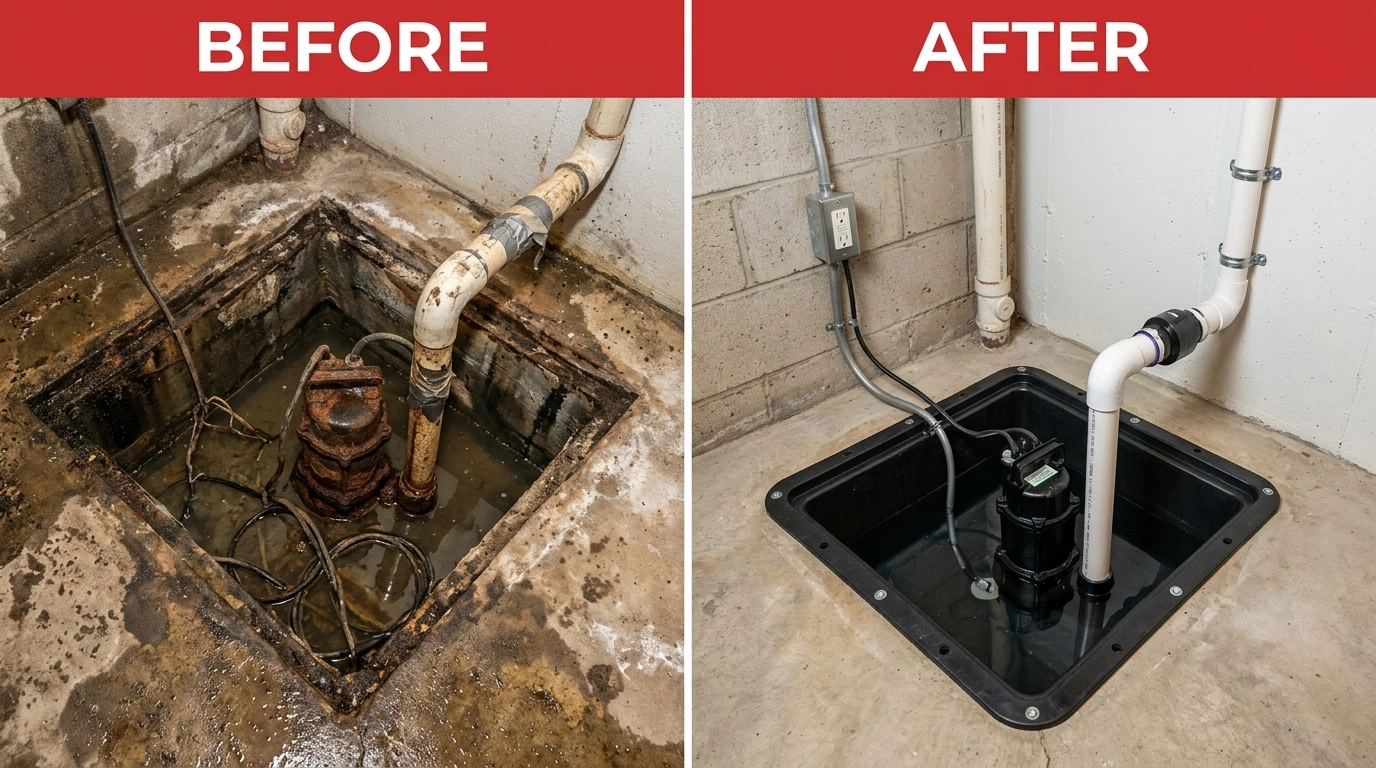 Before and After Sump Pump Repair and Replacement by Larimer Denver Plumbers in Denver, CO — Corroded failed pump replaced with new submersible system with battery backup