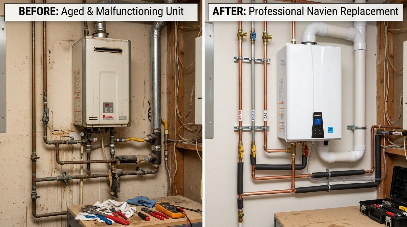 Tankless Water Heater Replacement Before and After by Larimer Denver Plumbers in Denver CO — showing old failing unit replaced with new altitude-adjusted Navien condensing tankless water heater