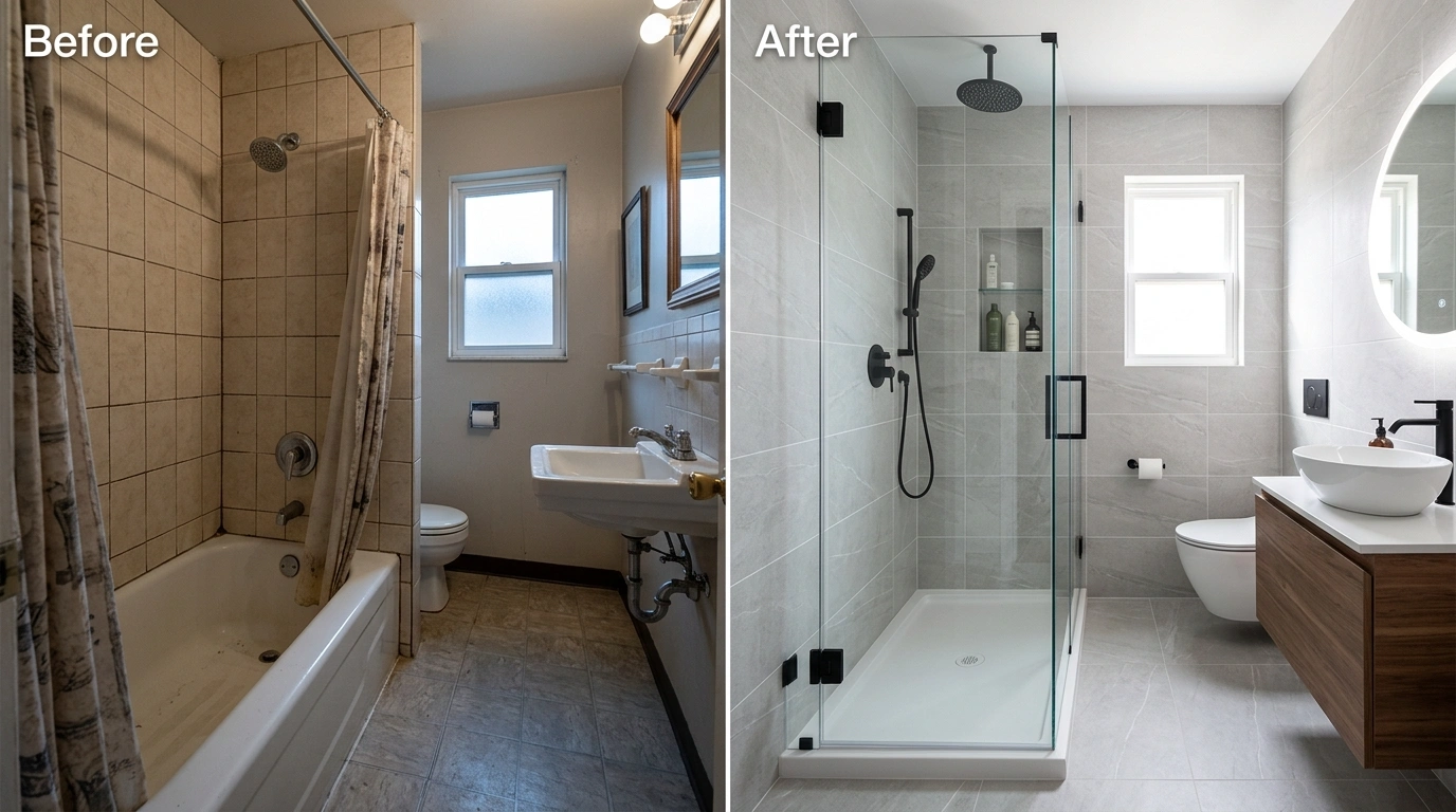 Before and After Tub-to-Shower Conversion by Larimer Denver Plumbers in Denver CO — deteriorating alcove tub replaced with modern tile walk-in shower with frameless glass