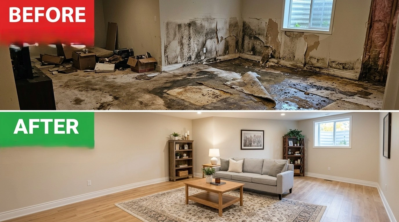 Before and After Water Damage Restoration by Larimer Denver Plumbers in Denver CO — flooded basement restored to pre-damage condition