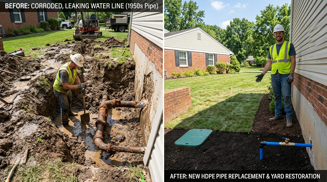 Water Line Replacement and Yard Restoration Before and After by Larimer Denver Plumbers in Denver CO — showing excavation, new HDPE pipe installation, and complete landscape restoration